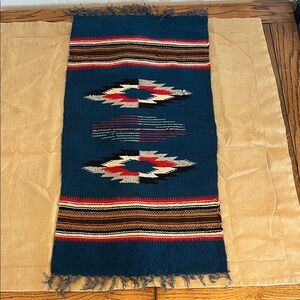 Handwoven Blue and Red Table Runner Ortega Navajo textile
